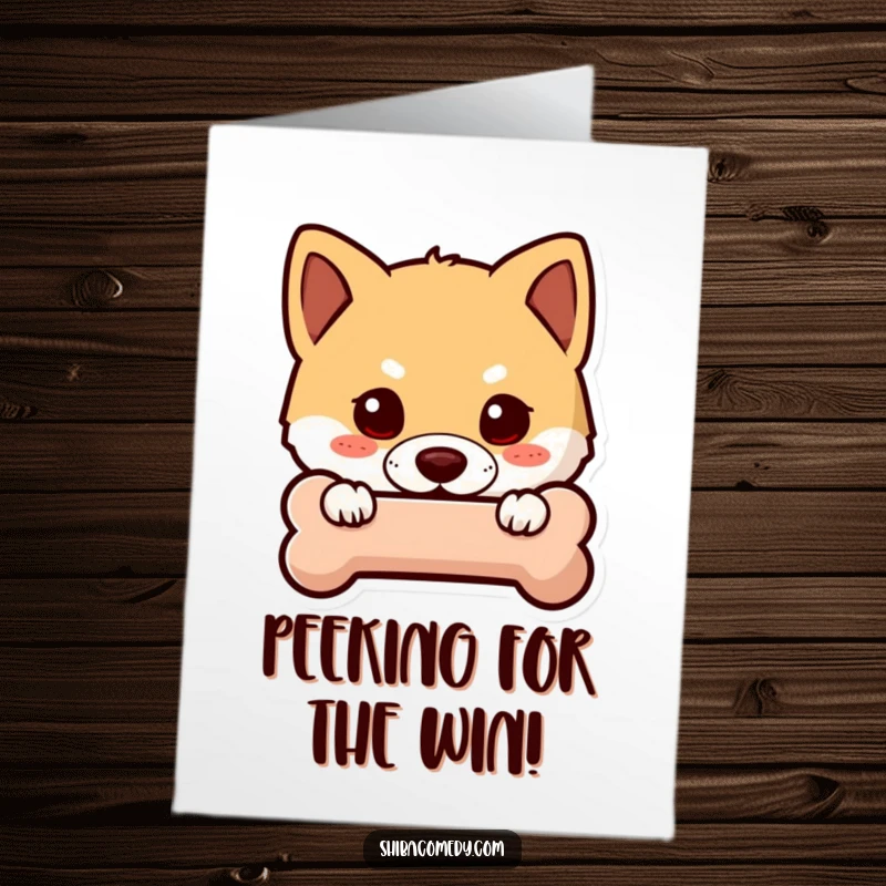 Funny Free Printable Congrats Card: A curious Shiba Inu peeking out from behind a bone, hinting at good news.