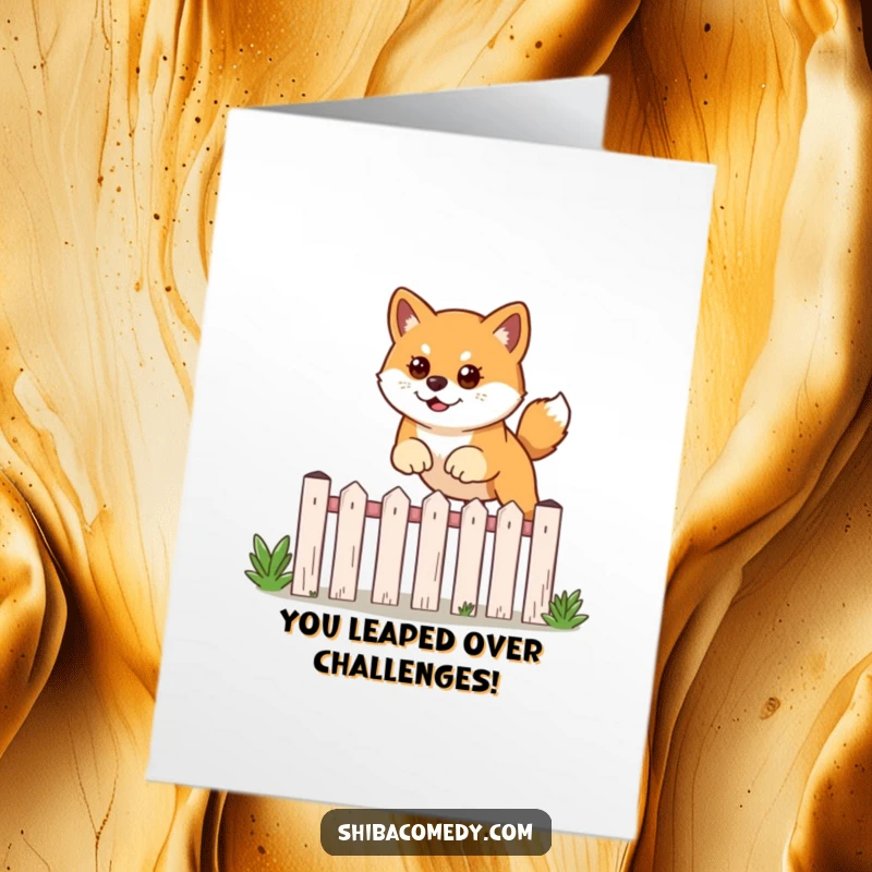 Funny Free Printable Congratulations Card: A focused Shiba Inu successfully leaping over a low garden fence.