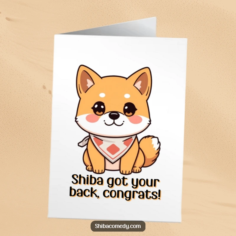 Funny Free Printable Shiba Inu Congrats Card: Alert dog wearing bandana, ready to celebrate your success, downloadable art.