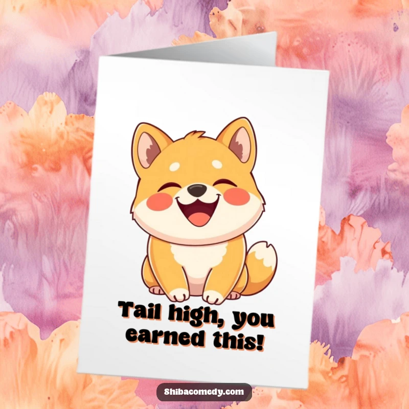 Funny Free Printable Congrats Card: A happy Shiba Inu grinning, tail curled high, celebrating a wonderful achievement.