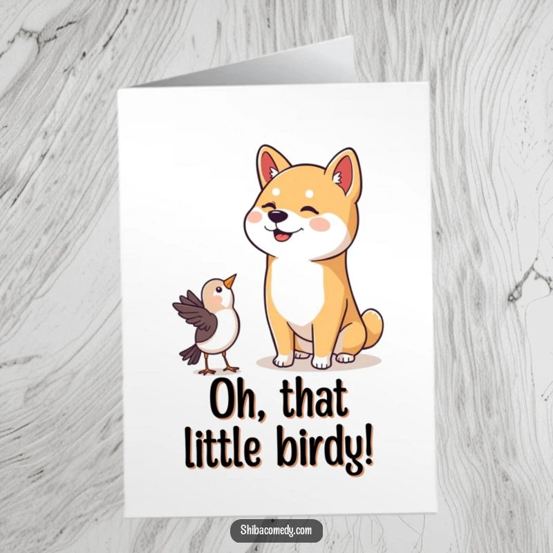 Funny Free Printable Congrats Card: a happy Shiba Inu with head tilt watches a bird, symbolizing observation of success.