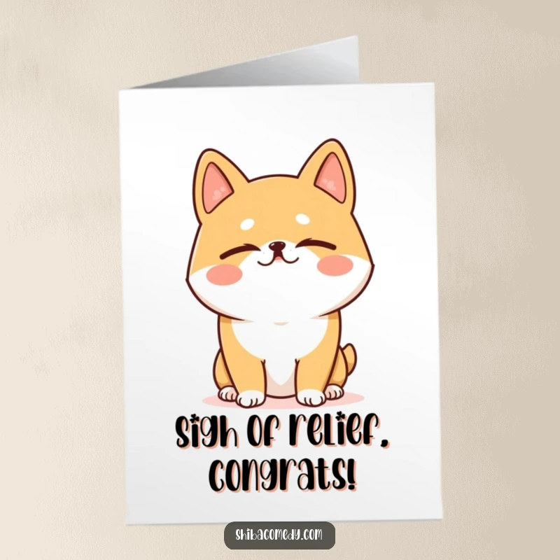 Funny Free Printable Congrats Card: Shiba Inu sighing happily with eyes closed, a symbol of contentment and achievement.