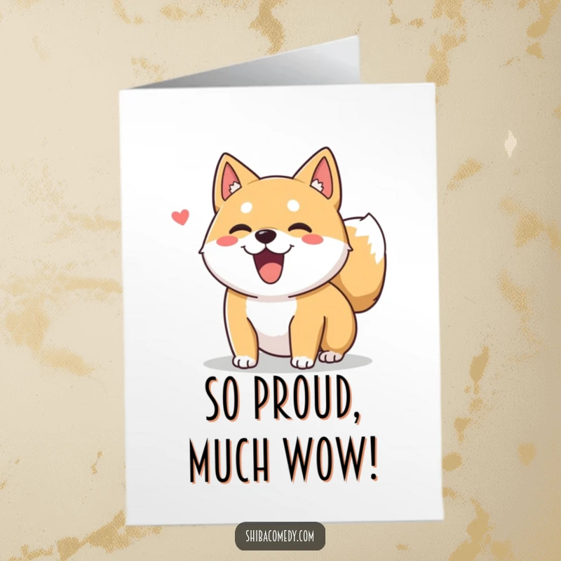Funny free printable congratulations card featuring an excited Shiba Inu dog wagging its tail.