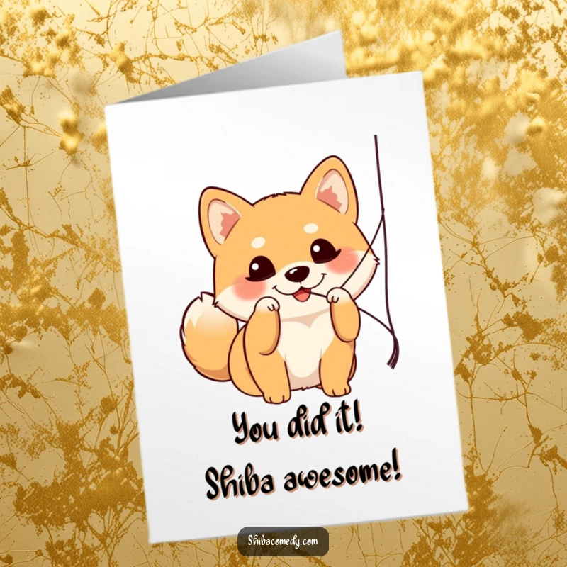 Funny Free Printable Congratulations Card: Happy Shiba Inu celebrating a special moment with playful energy.