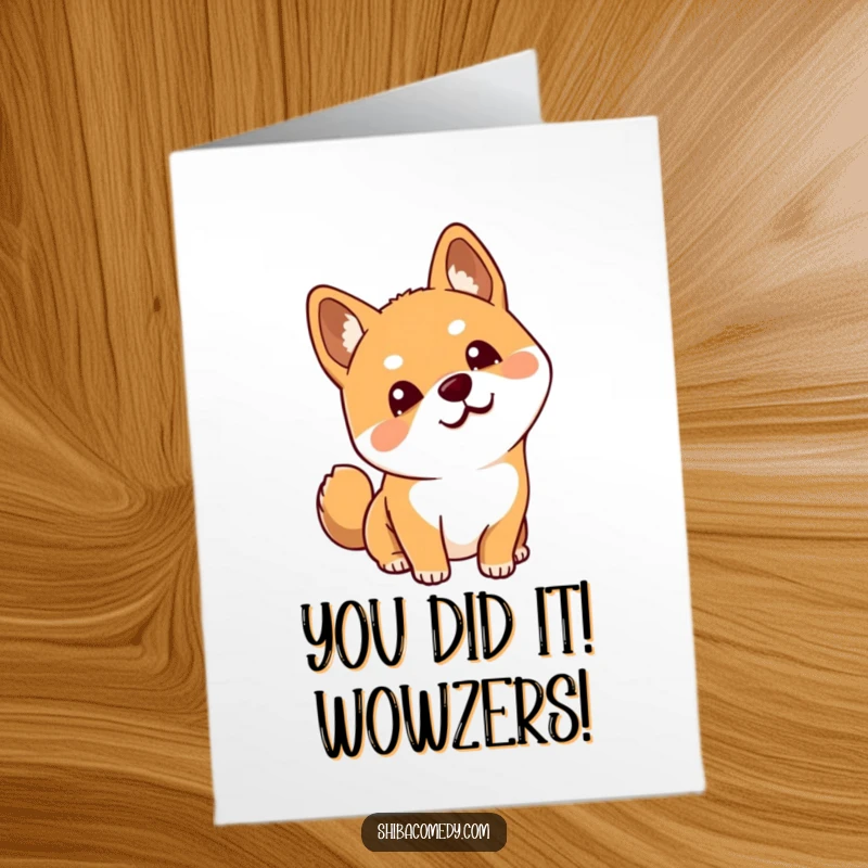 Funny Free Printable Congratulations Card with a curious Shiba Inu tilting its head, showing mild bewilderment and adorableness.