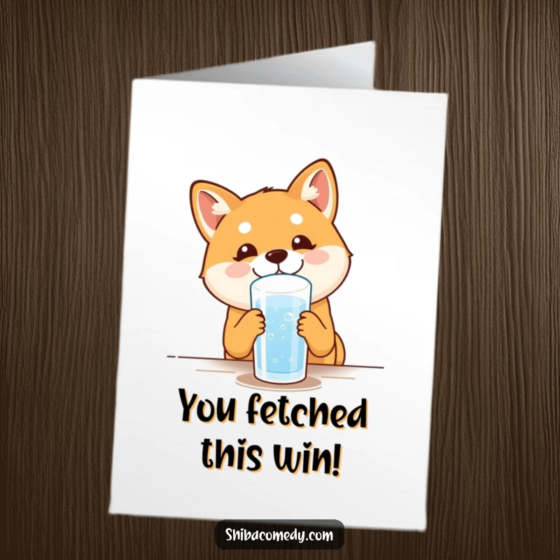 Funny Free Printable Congratulations Card with a happy Shiba Inu dog enjoying a drink, perfect for celebrating success.