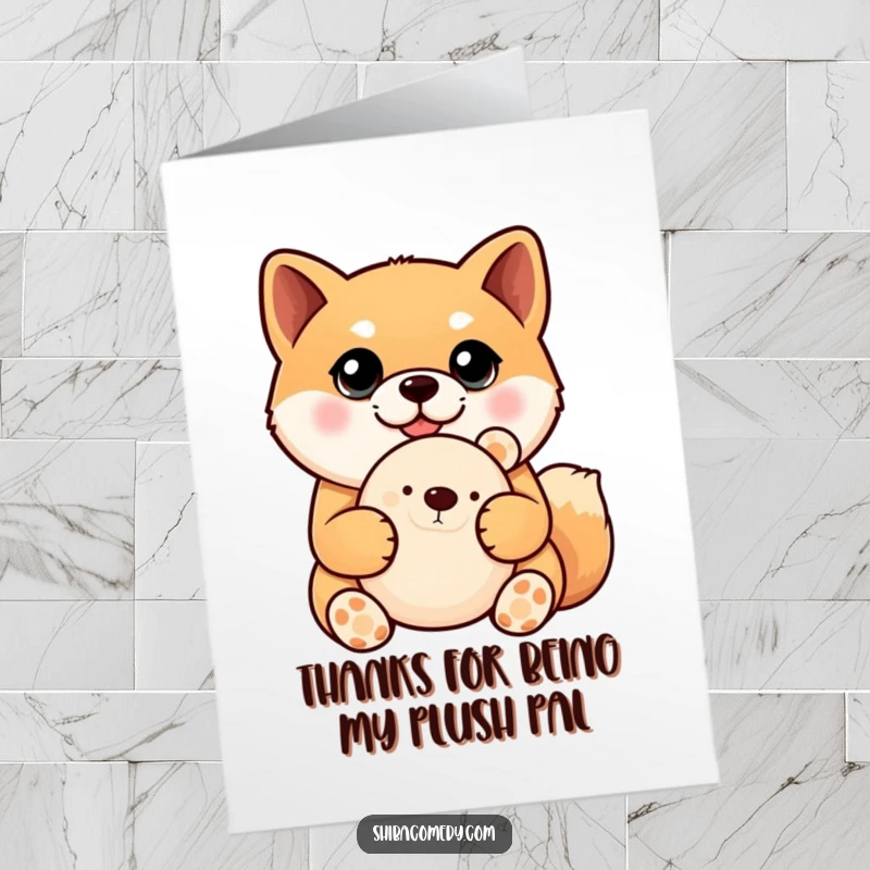 Funny Free Printable Thank You Card showcasing a Shiba Inu with expressive big eyes holding a favorite plush toy.