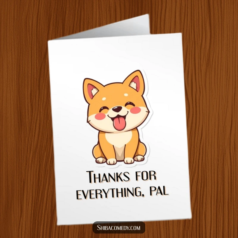 Funny Free Printable Thank You Card: A playful Shiba Inu sitting happily with tongue out, a funny and grateful hello.