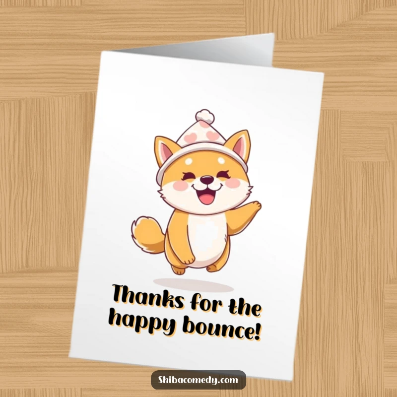 Funny Free Printable Thank You Card: a Shiba Inu sporting a tiny hat bounces excitedly, expressing thanks.