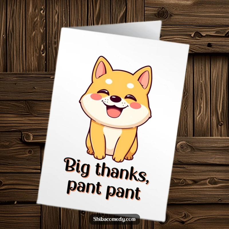 Funny free printable thank you card of a happy Shiba Inu with a wide grin, panting.