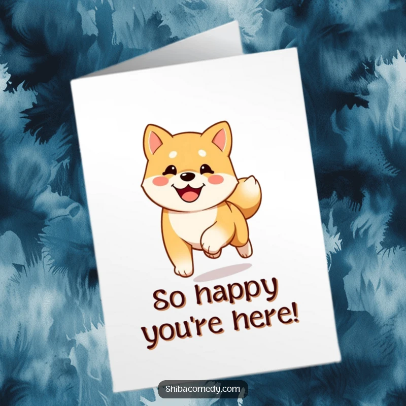 Funny free printable thank you card featuring a happy Shiba Inu running towards you with a furiously wagging tail, expressing thanks.