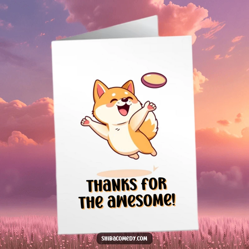 Funny free printable thank you card with a playful Shiba Inu leaping to catch a frisbee.