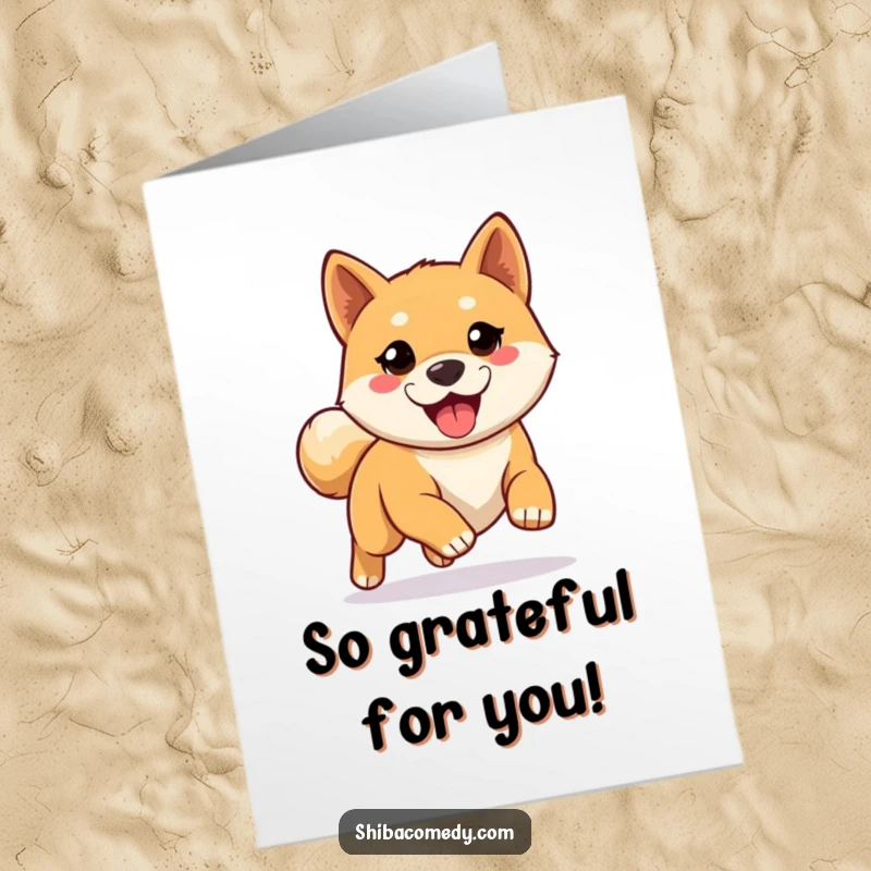 Funny Free Printable Thank You Card: An eager Shiba Inu is ready to run and shower you with thanks.