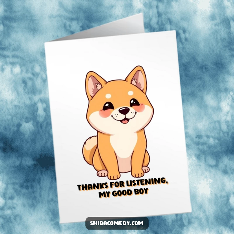 Funny Free Printable Thank You Card: A cheerful Shiba Inu with perked ears, listening intently to express thanks.
