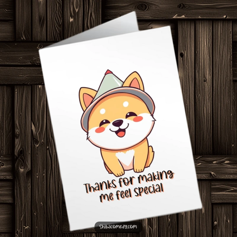 Funny Free Printable thank you card featuring a pleased Shiba Inu wearing a cone hat, expressing gratitude with humor.