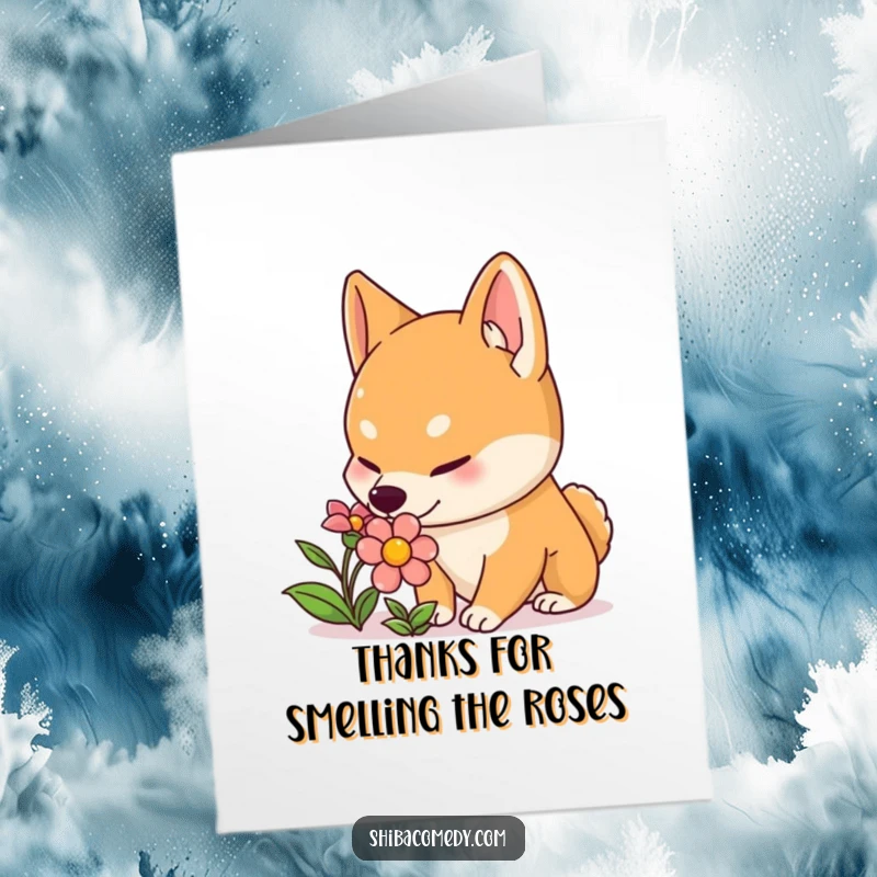 Funny Free Printable Thank You Card of a curious Shiba Inu with attentive ears sniffing a brightly colored flower.
