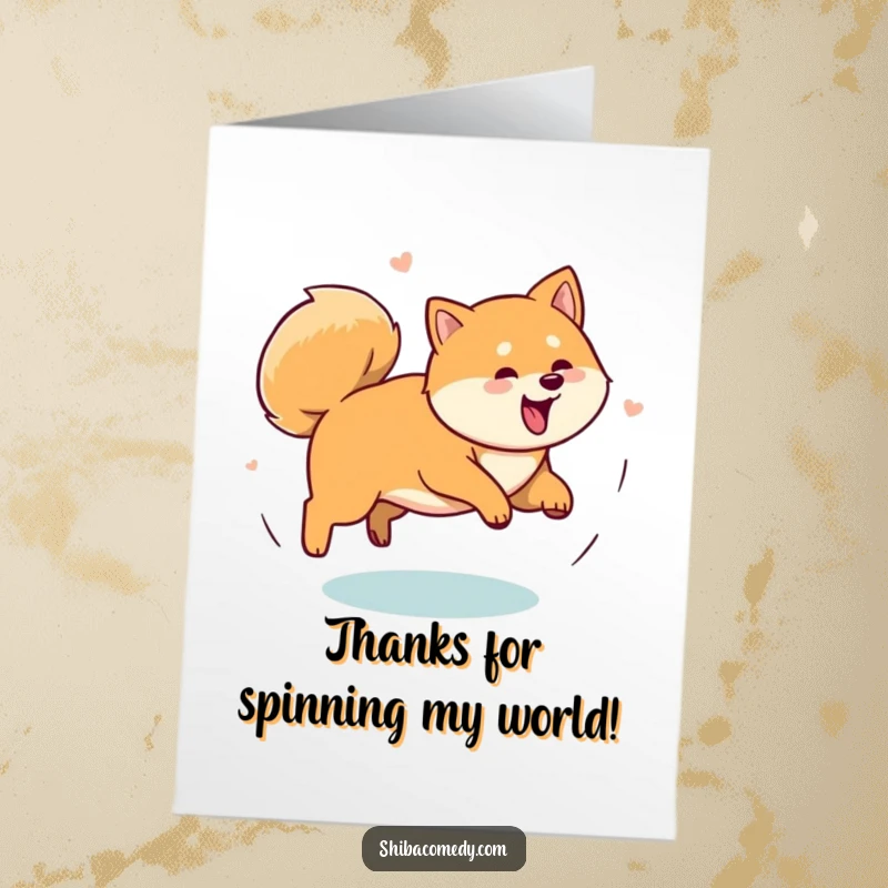 Funny Free Printable Shiba Inu Thank You Card, a playful Shiba Inu chasing its tail, perfect for a humorous thank you.