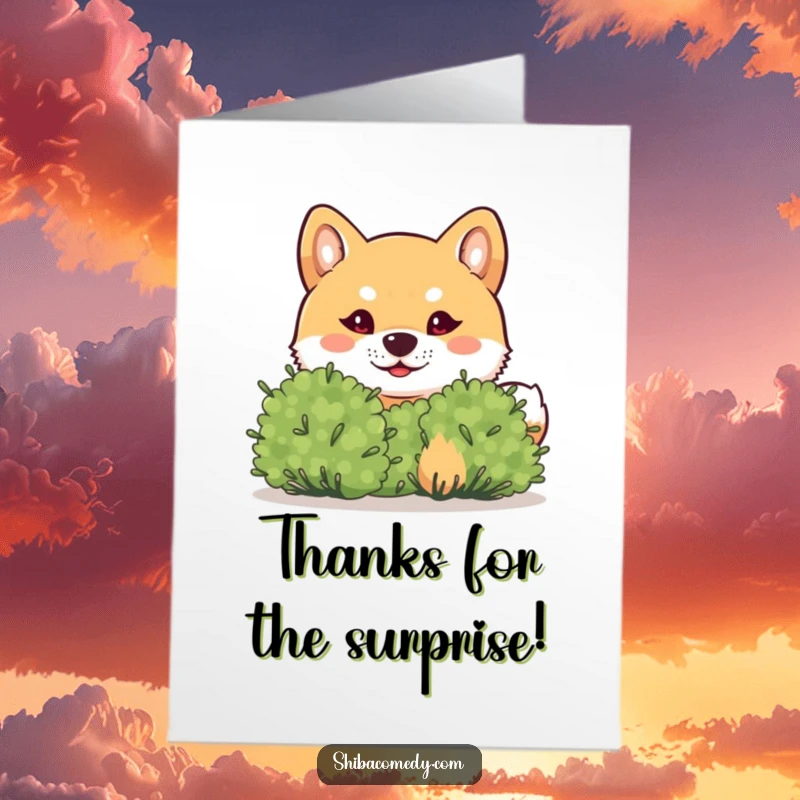 Funny Free Printable Thank You Card: a Shiba Inu with a mischievous glint peeks from behind a bush.
