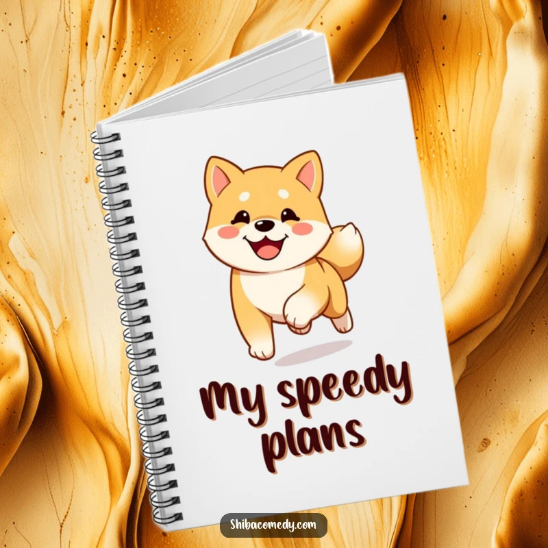 Funny happy Shiba Inu notebook showing a dog running towards the viewer with its tail wagging, full of energy.