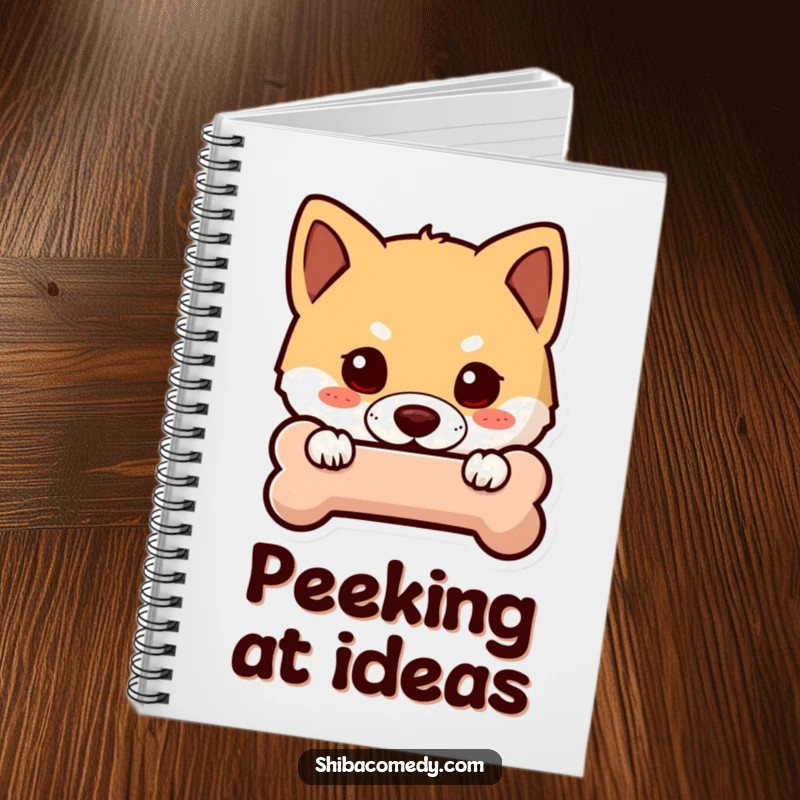 Funny Shiba Inu notebook cover with a curious dog peeking from behind a bone icon, inspiring secretive thoughts and notes.