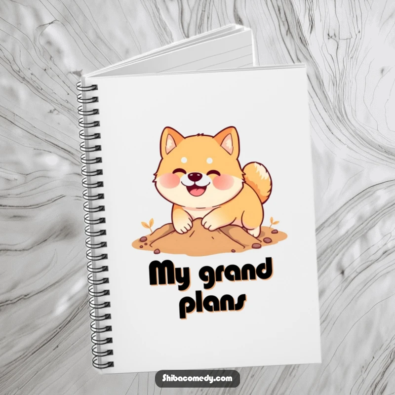 Funny Shiba Inu notebook, a smiling dog digs with enthusiasm in soft earth, ideal humorous journal.