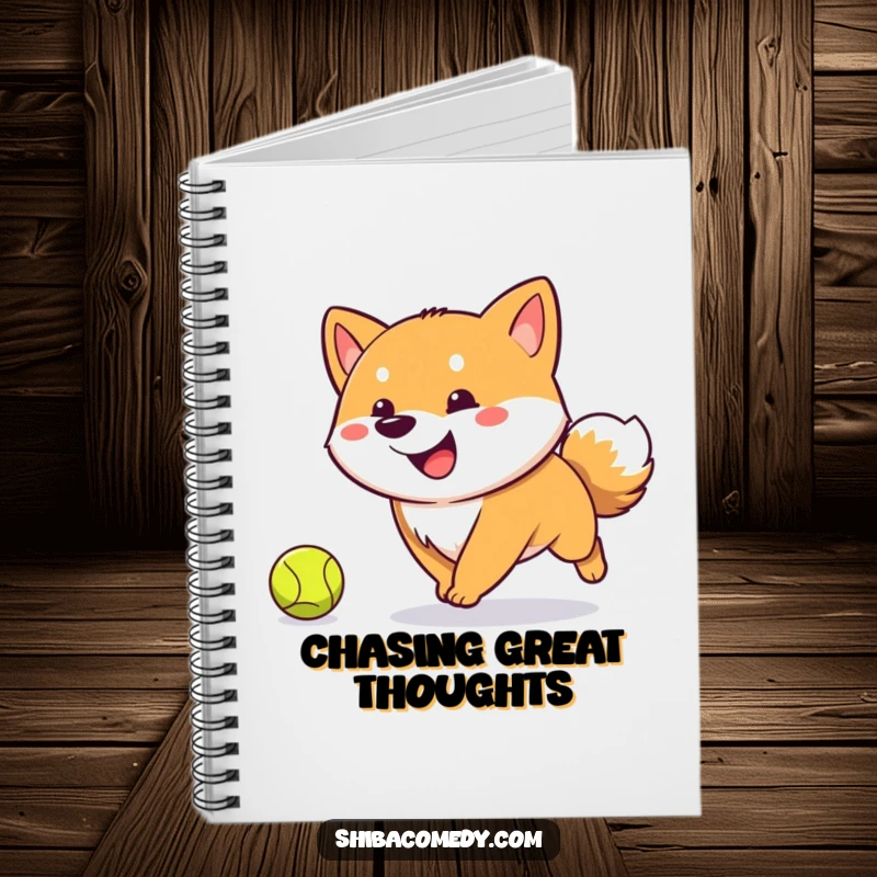 Funny Shiba Inu notebook cover featuring a happy, tail-wagging dog chasing a tennis ball, ideal for humorous note-taking.