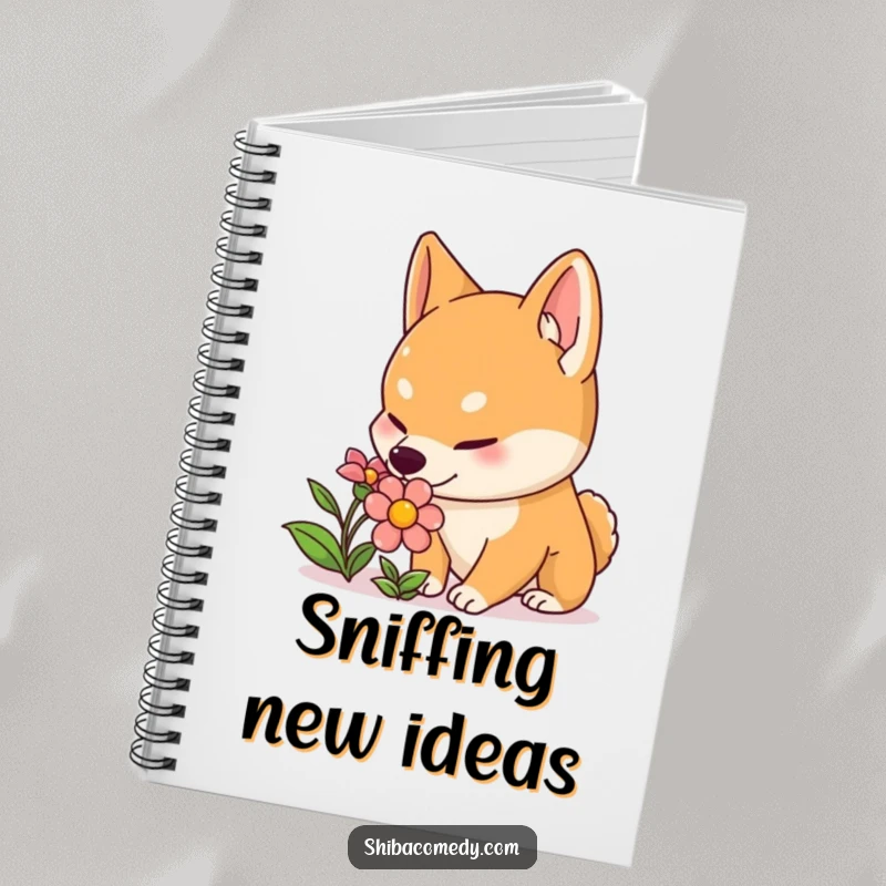 Funny Shiba Inu notebook cover featuring a curious dog with perked ears sniffing a colorful flower, ideal for gentle, humorous note-taking.