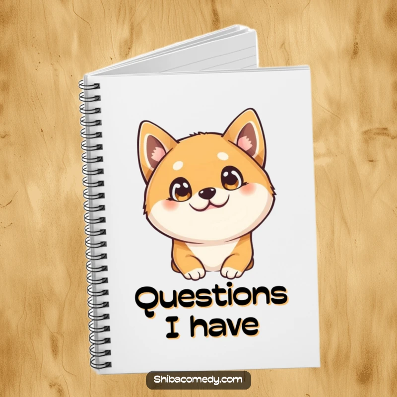 Funny Shiba Inu notebook, a curious dog tilts its head with big bright eyes, ideal humorous journal.