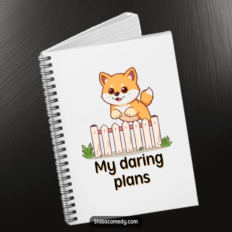 Funny notebook with a determined Shiba Inu dog leaping over a garden fence, ready for planning.