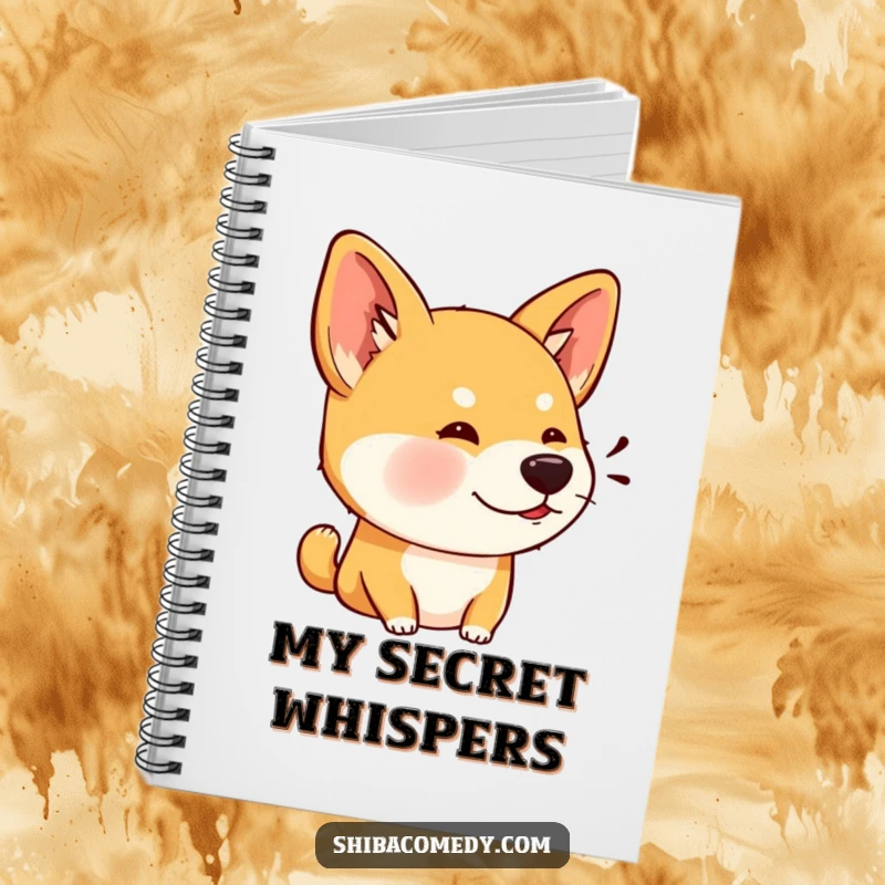 Funny notebook with a Shiba Inu dog with wide, alert ears, intently listening, ready for note-taking.