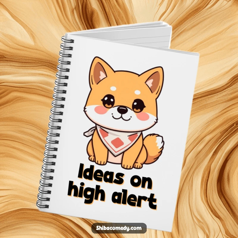 Funny Notebook with an alert Shiba Inu in a bandana, perfect for writing and a humorous stationery gift.