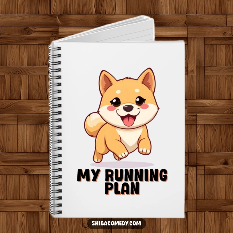 Funny Shiba Inu notebook featuring an eager dog ready for a run, perfect for jotting down notes and plans with a motivational vibe.