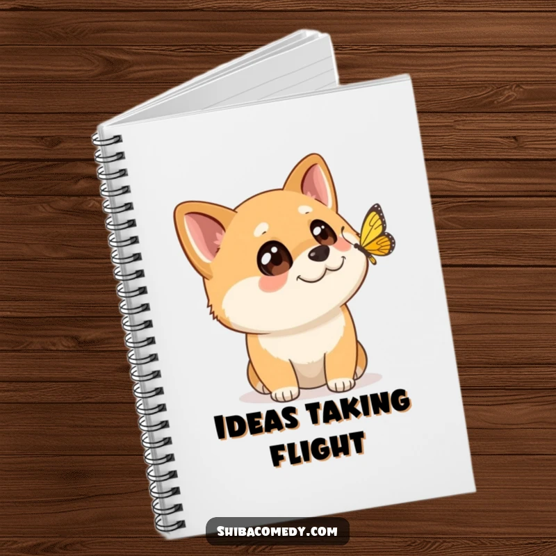 Funny Shiba Inu notebook with a dog with wide eyes watching a butterfly, perfect for jotting down wonders.