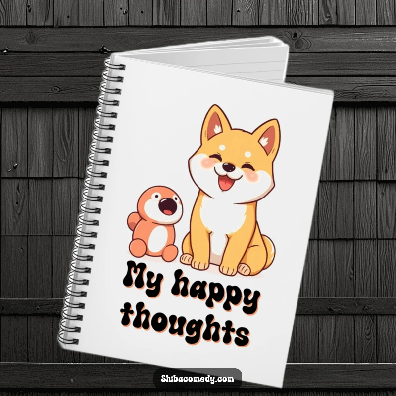 Funny notebook with a proud Shiba Inu dog with a goofy smile, sitting next to its toy.