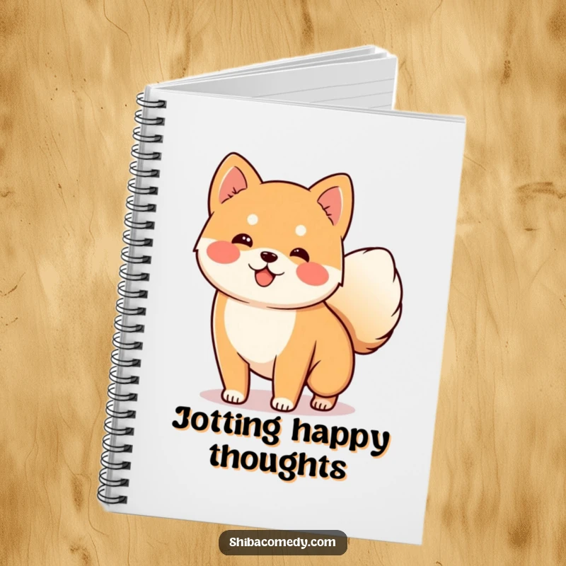Funny Shiba Inu Notebook featuring a happy dog wagging its tail, great for notes and a funny gift.