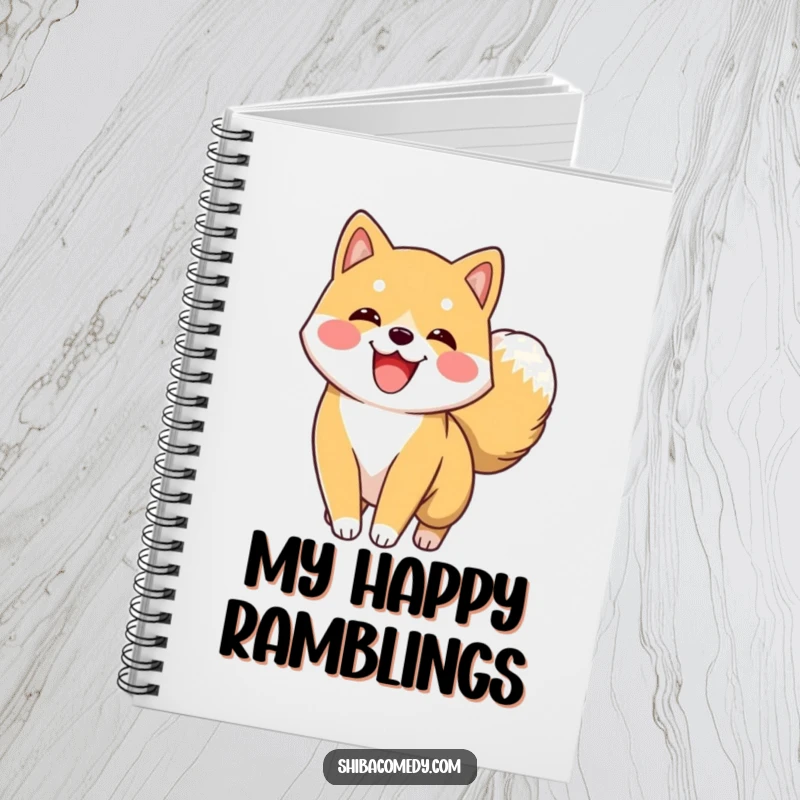 Funny Shiba Inu Notebook showing an excited Shiba Inu character wagging its fluffy tail, perfect for note-taking with doggy joy.
