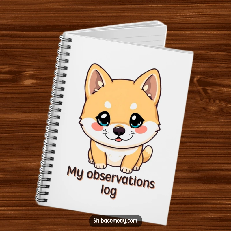 Funny Shiba Inu notebook cover featuring a dog with bright, curious eyes looking forward, designed for jotting down thoughts and inspirations.