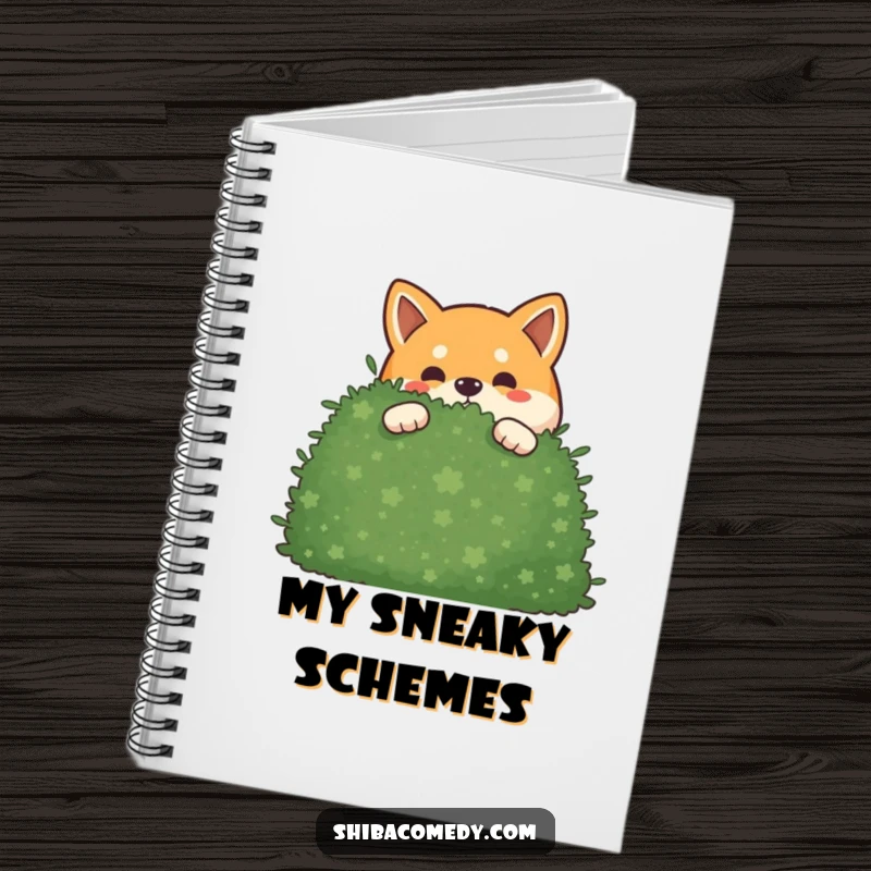 Funny mischievous Shiba Inu notebook showing a dog peeking out from behind a bush, ideal for writing secrets.