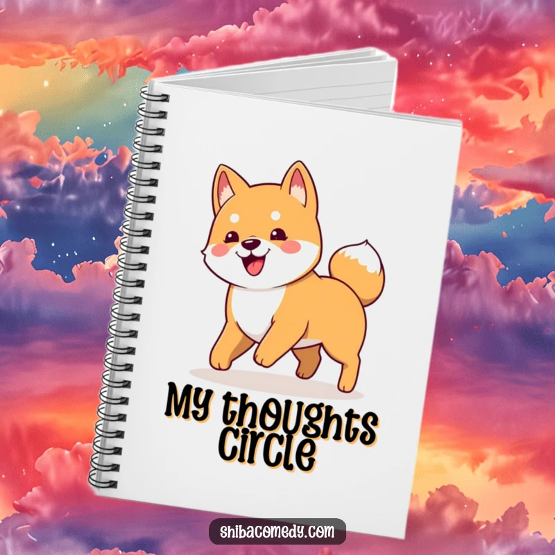 Funny notebook with a playful Shiba Inu dog in a humorous pose, chasing its own tail.