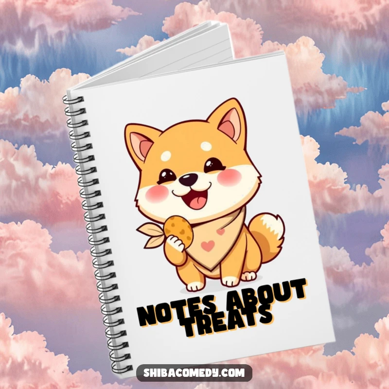 Funny Shiba Inu notebook, a happy dog wearing a bandana holds a treat, ideal humorous journal for notes.