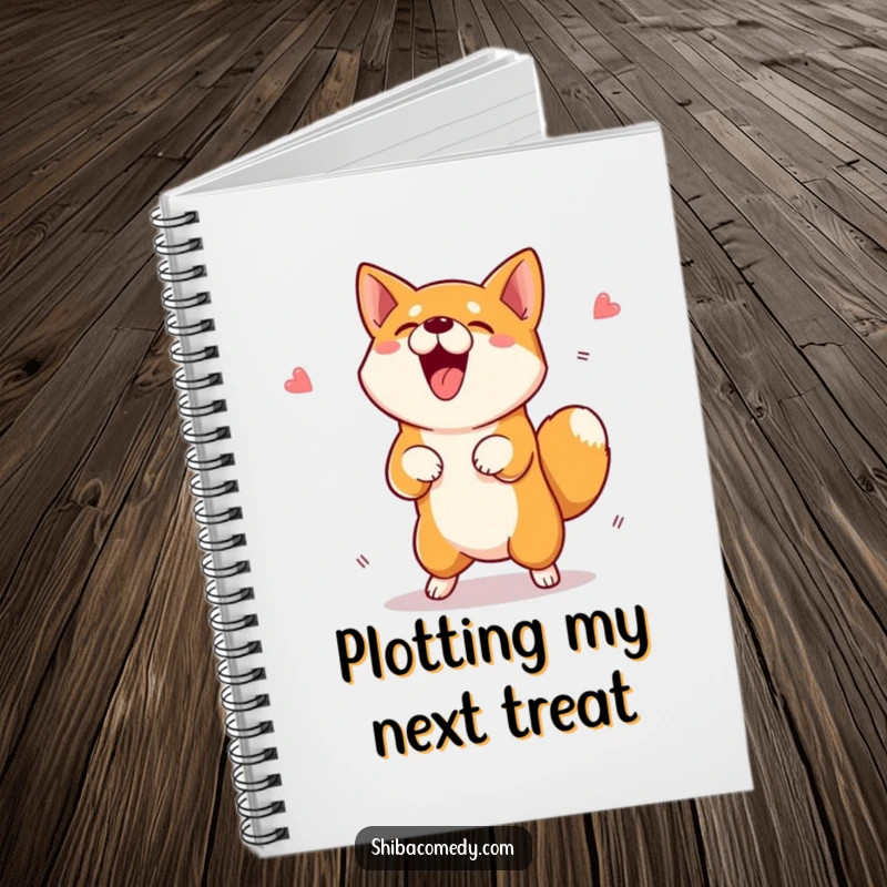 Funny Shiba Inu Notebook featuring an excited dog jumping for a treat, great for notes and a funny gift.