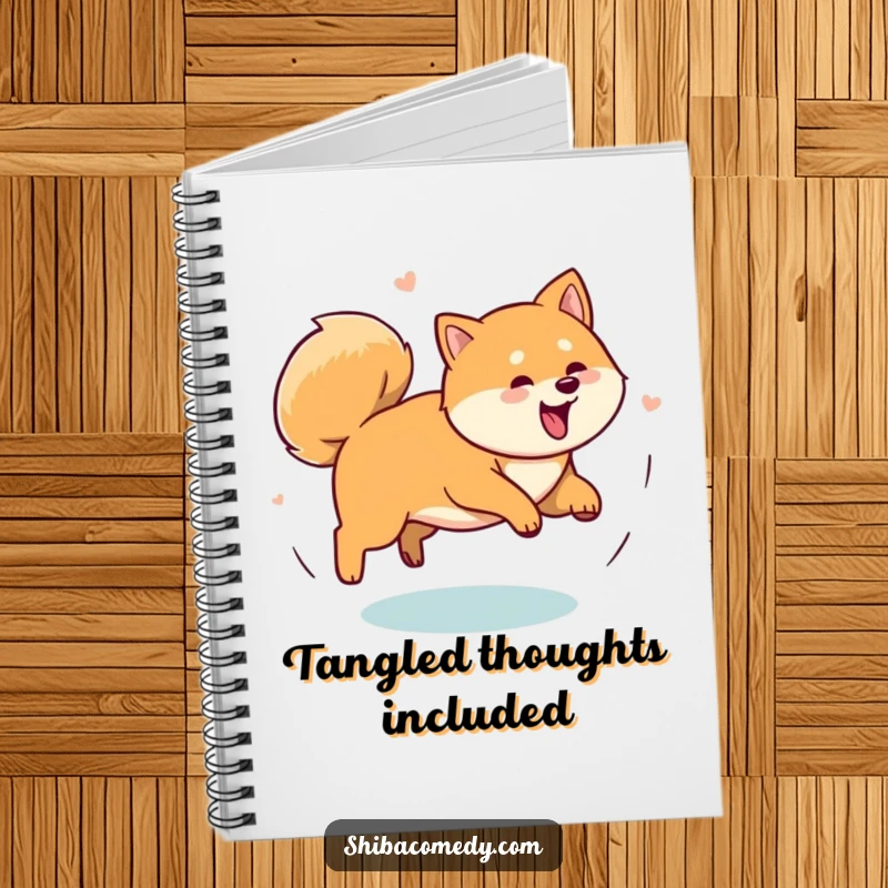 Funny Shiba Inu dog in a comical circular chase after its tail on a notebook cover, inspiring energetic writing and playful thoughts.