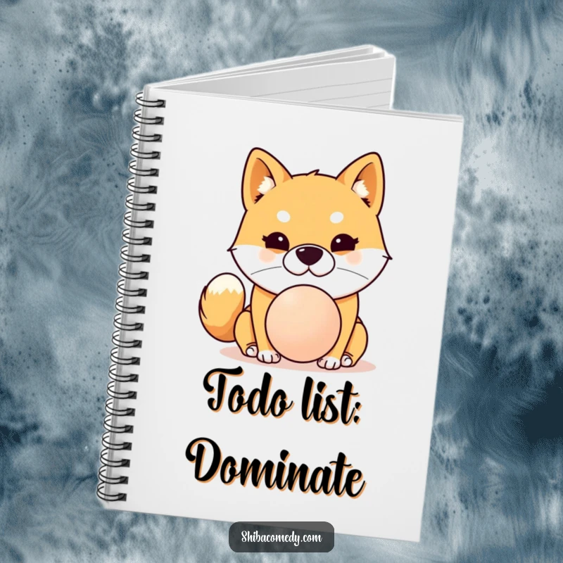 Funny Shiba Inu notebook with a determined dog balancing a ball on its nose, ideal for jotting down humorous thoughts.