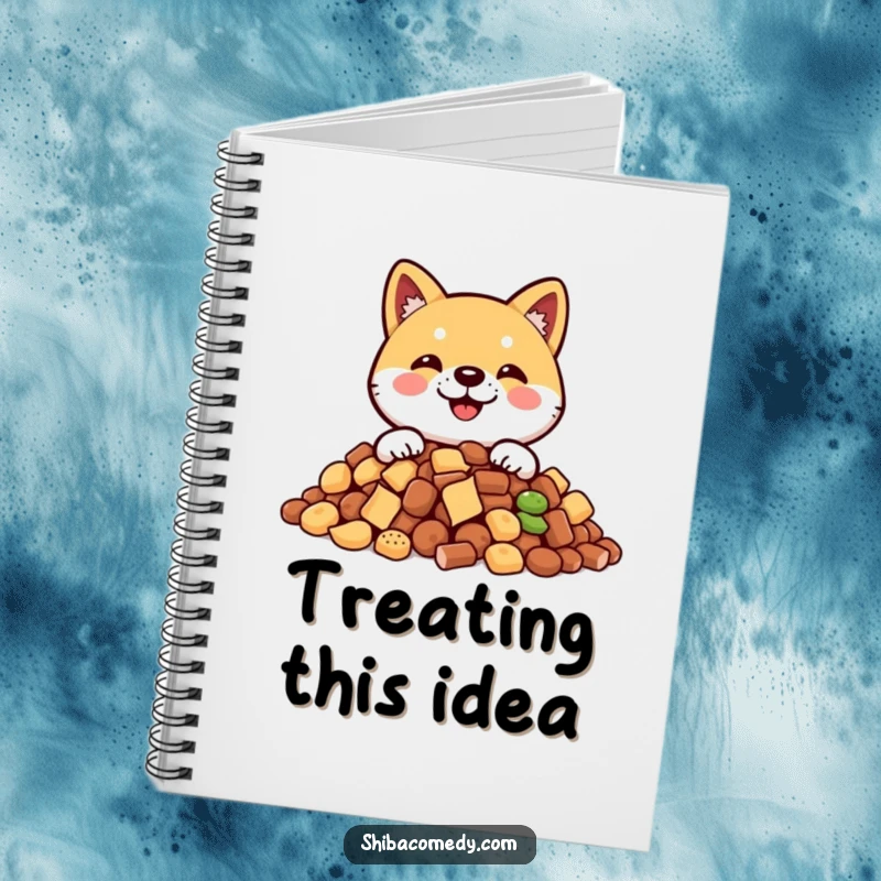 Funny Shiba Inu notebook cover featuring a smiling dog peeking from behind a pile of treats, ideal for humorous note-taking.
