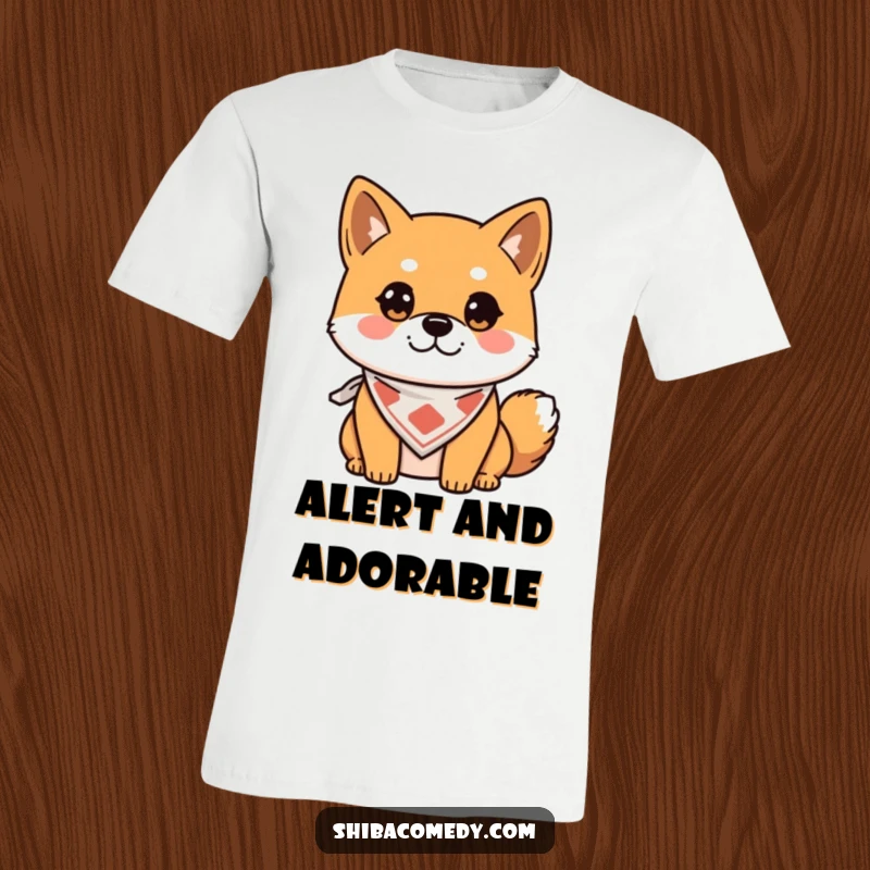 Funny T-Shirt featuring an alert Shiba Inu in a bandana, a humorous and stylish piece for dog enthusiasts.