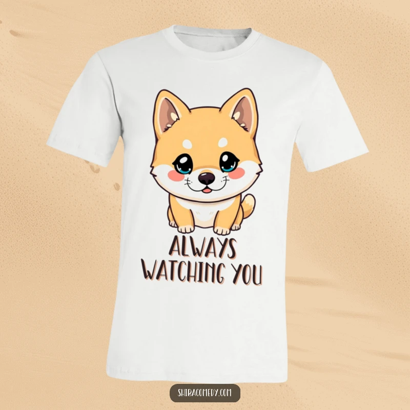 Funny Shiba Inu t-shirt with a dog's captivating, bright eyes looking forward, symbolizing curiosity and playful awareness.