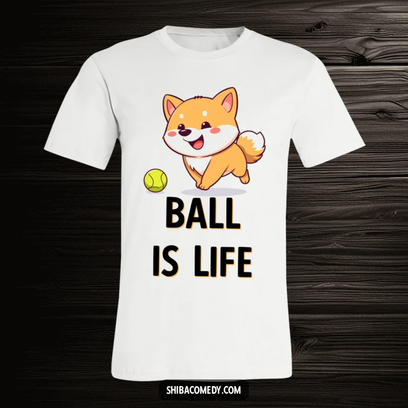 Funny Shiba Inu t-shirt depicting a happy dog with a furiously wagging tail, actively chasing a tennis ball with excitement.