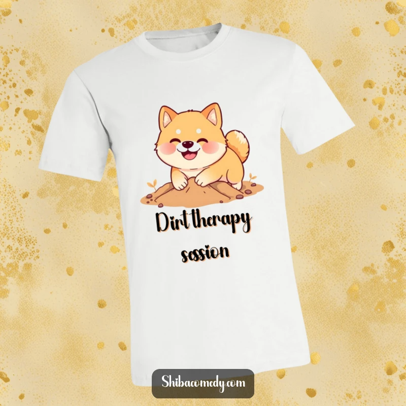 Funny Shiba Inu t-shirt, a smiling dog digs with enthusiasm in soft earth, perfect humorous apparel.