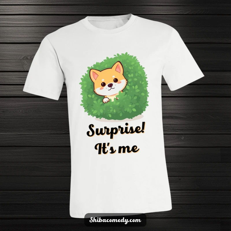 Funny Shiba Inu T-Shirt depicting a curious dog peeking out from behind a bush, a great humorous gift.