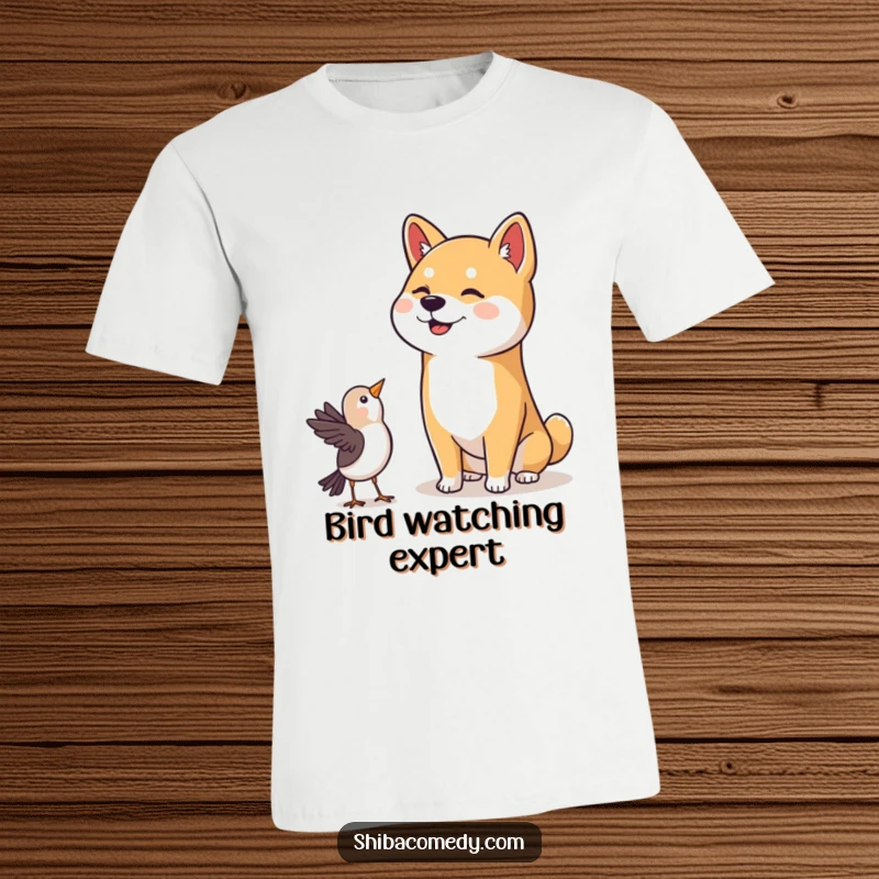 Funny Shiba Inu T-Shirt: A cute Shiba Inu with a classic happy head tilt observes a bird with focused, delightful canine curiosity.